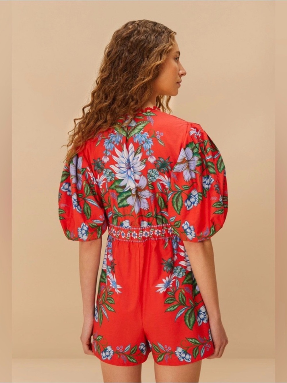FARM RIO Sweet Bloom Bouquet Romper. BRAND NEW. Red Floral V-Neck Tie-Waist Rope - Picture 5 of 9
